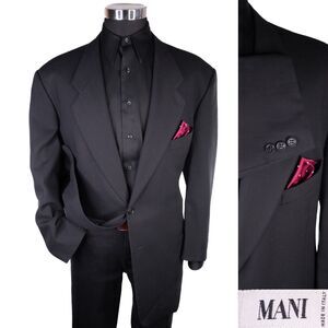 MANI Vintage Sport Coat Men Size 46L/S Herringbone Black 2 Button Wool Blazer
